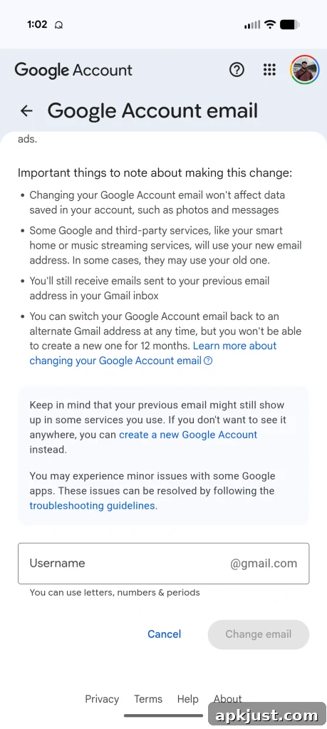 Change Gmail address step screenshot 4