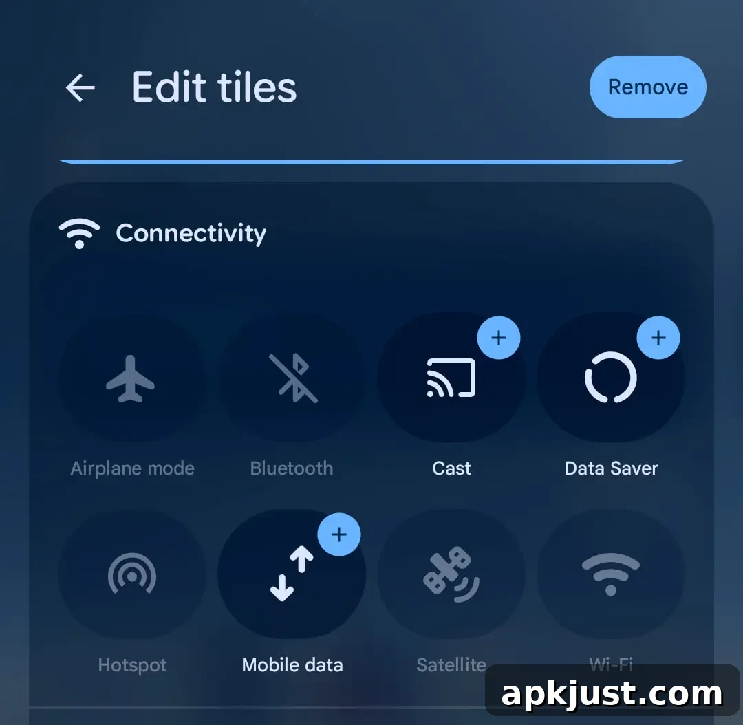 Wi-Fi and mobile data quick settings