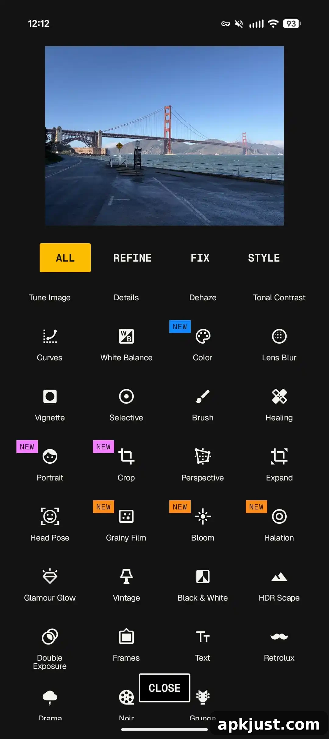 Snapseed homepage and camera access