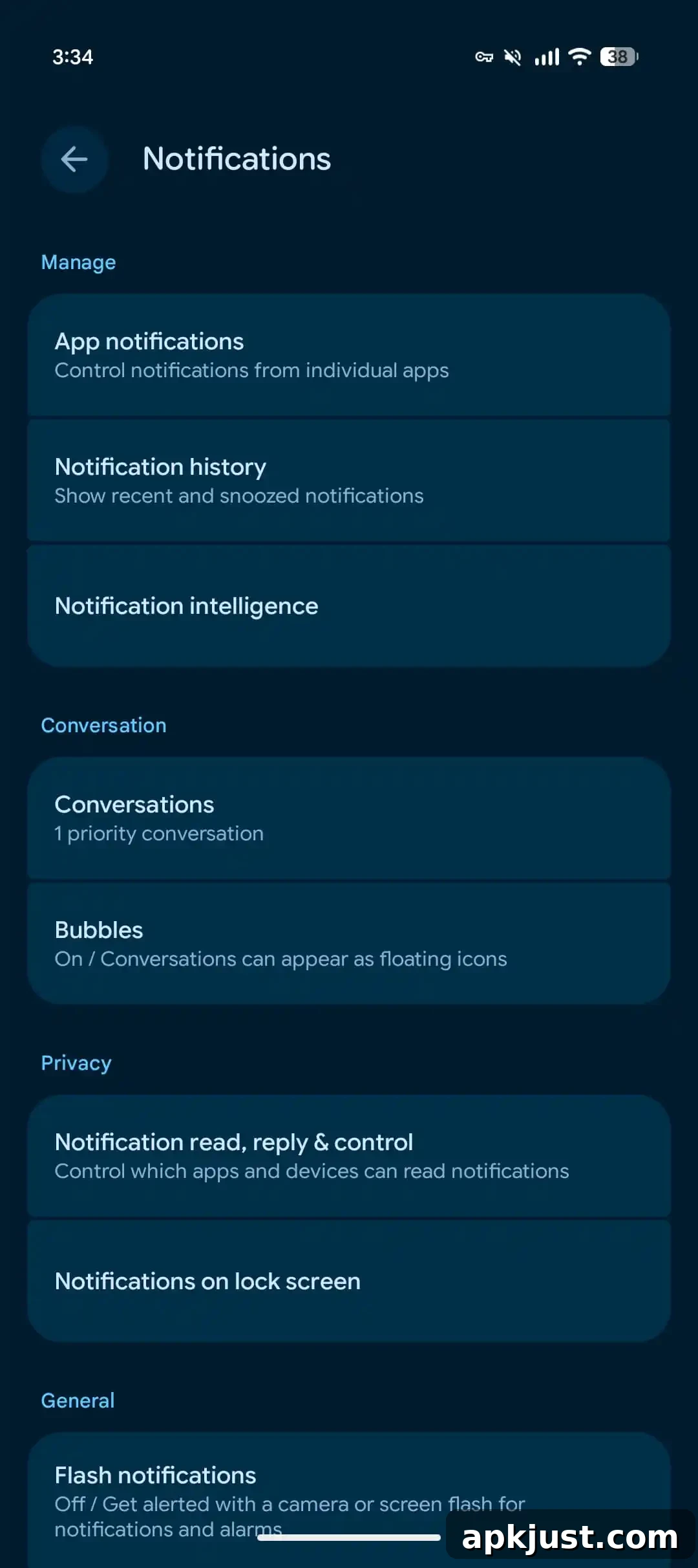 Notification intelligence menu screenshot