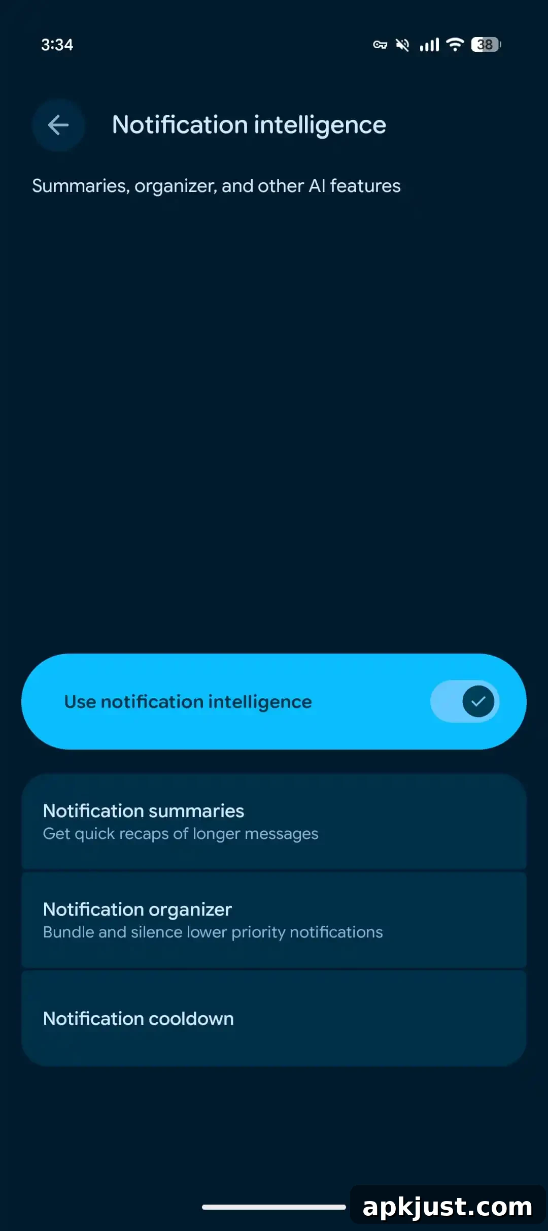 Notification intelligence settings screenshot