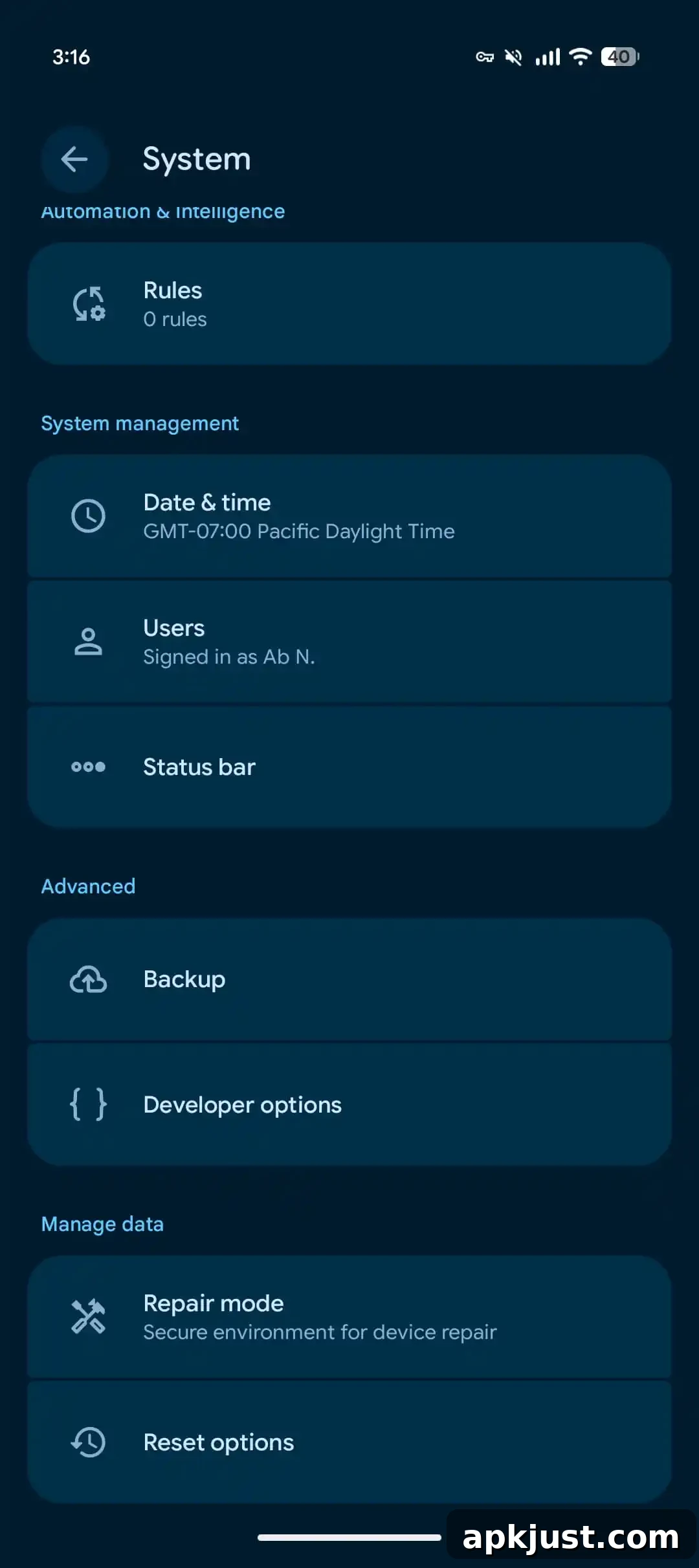Status bar customization screenshot