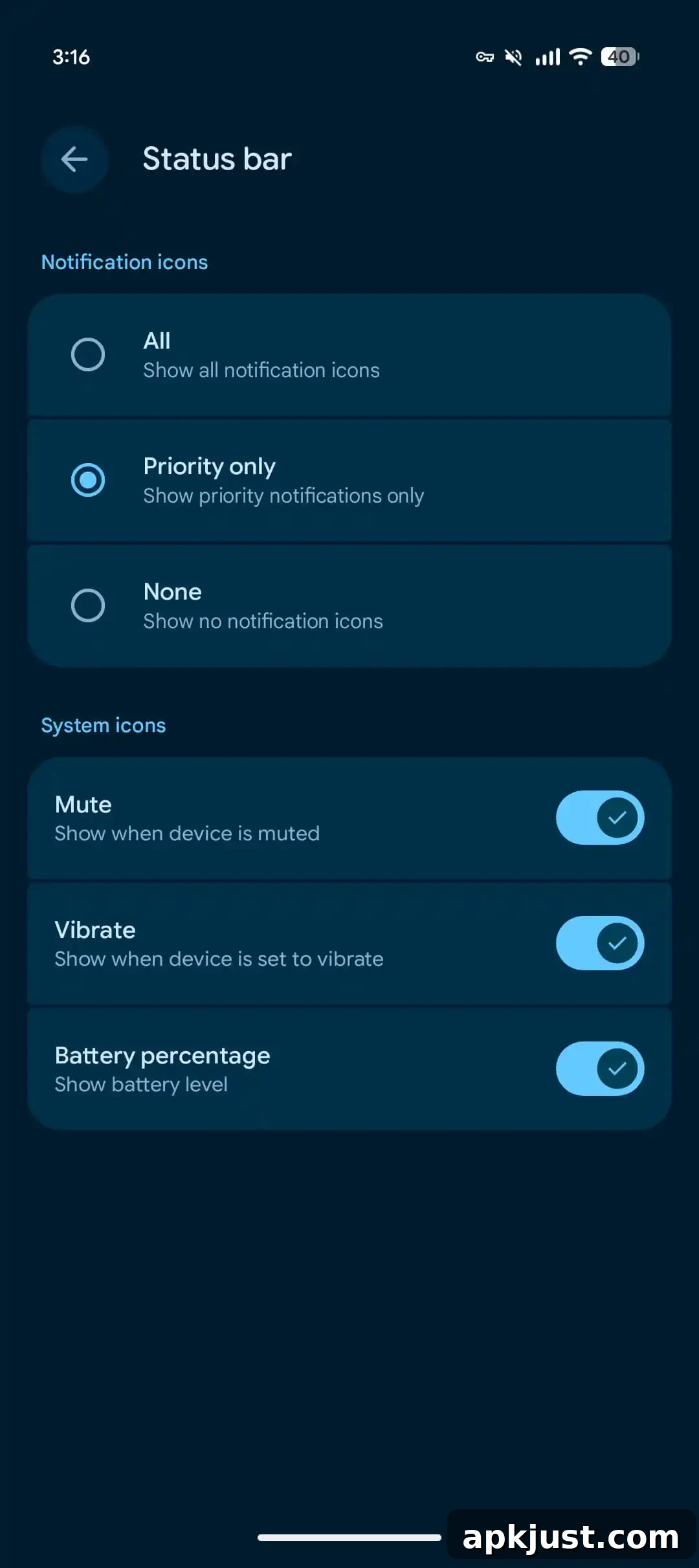 Status bar settings screenshot