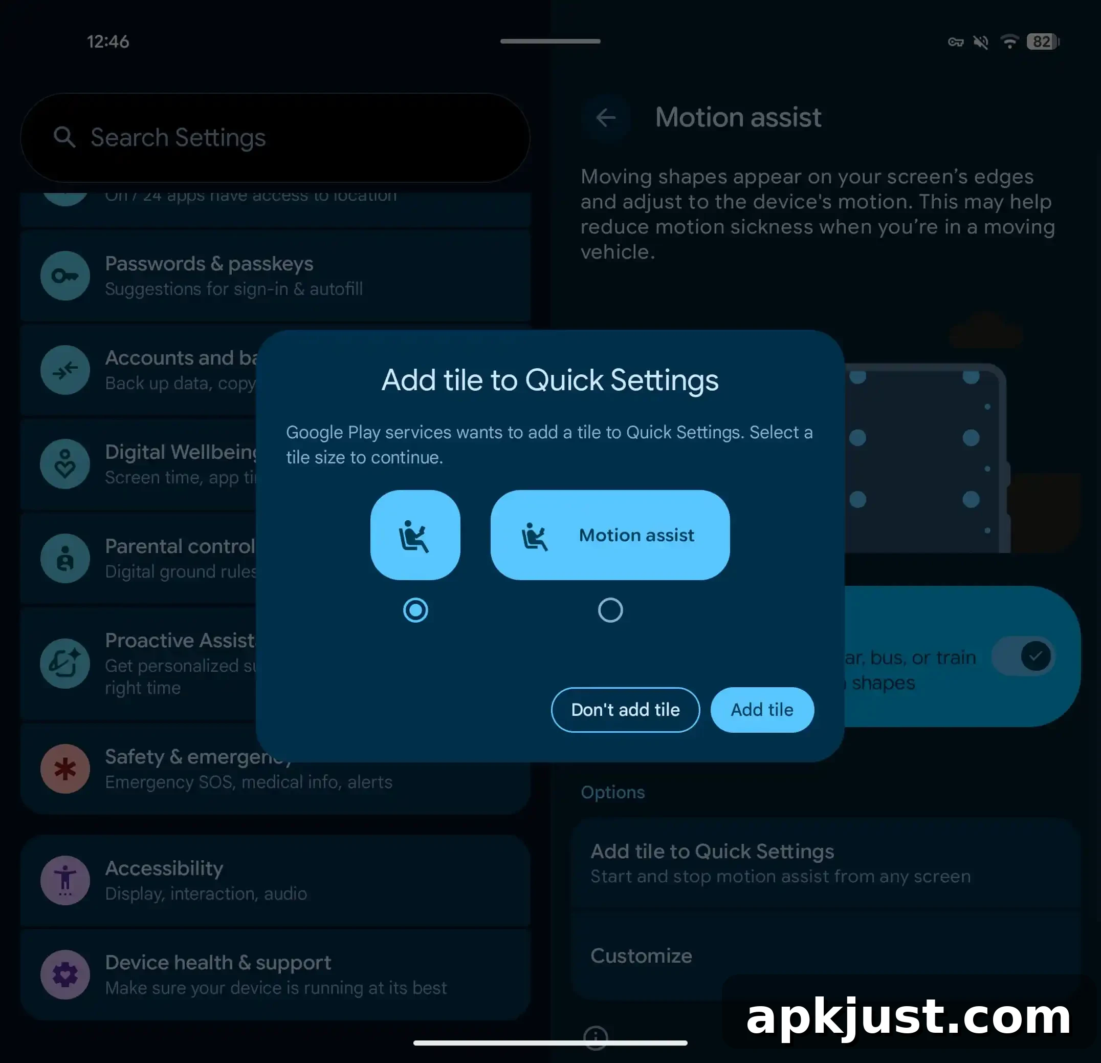 Motion Assist quick settings tile